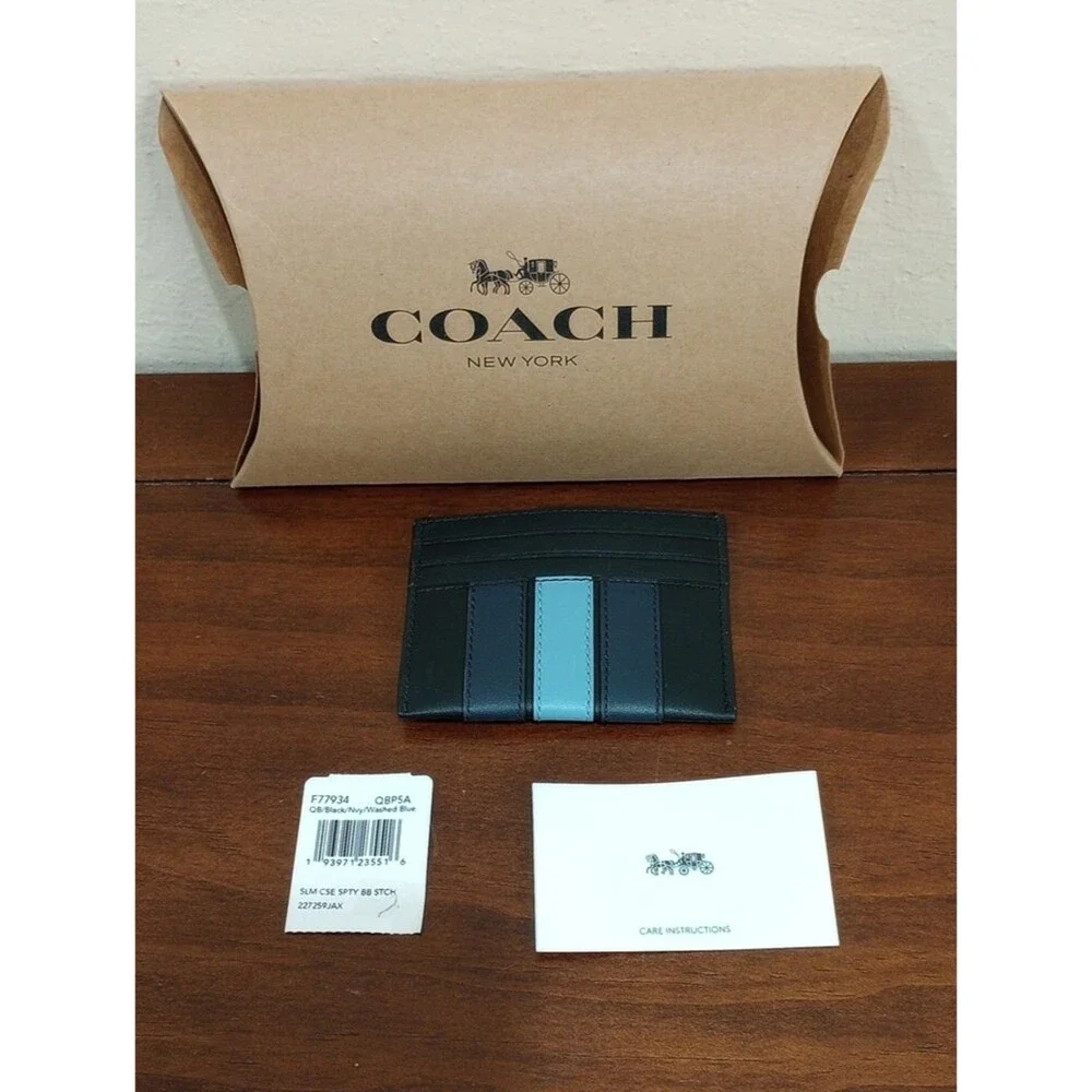 Coach Black Leather Striped Slim Case Card Holder - New!